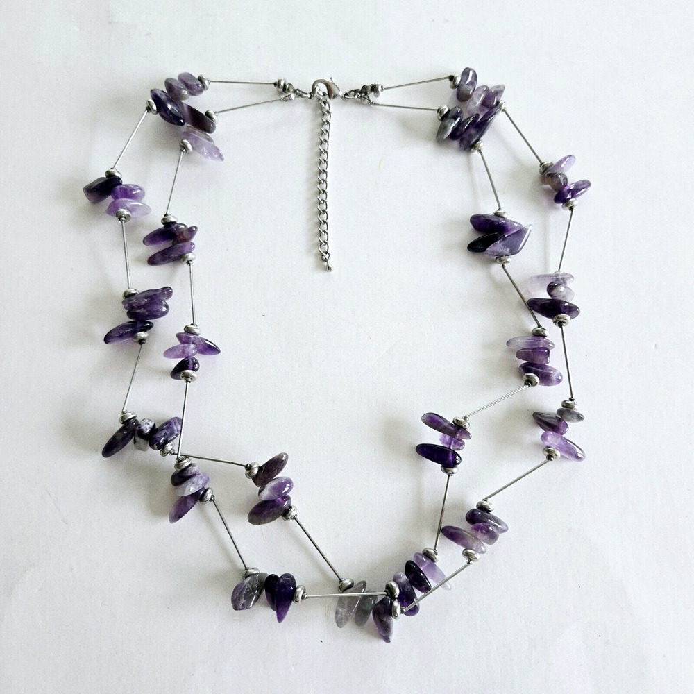 Amethyst Necklace Purple Stone Silvertone Statement Modern Brutalist Maximalist